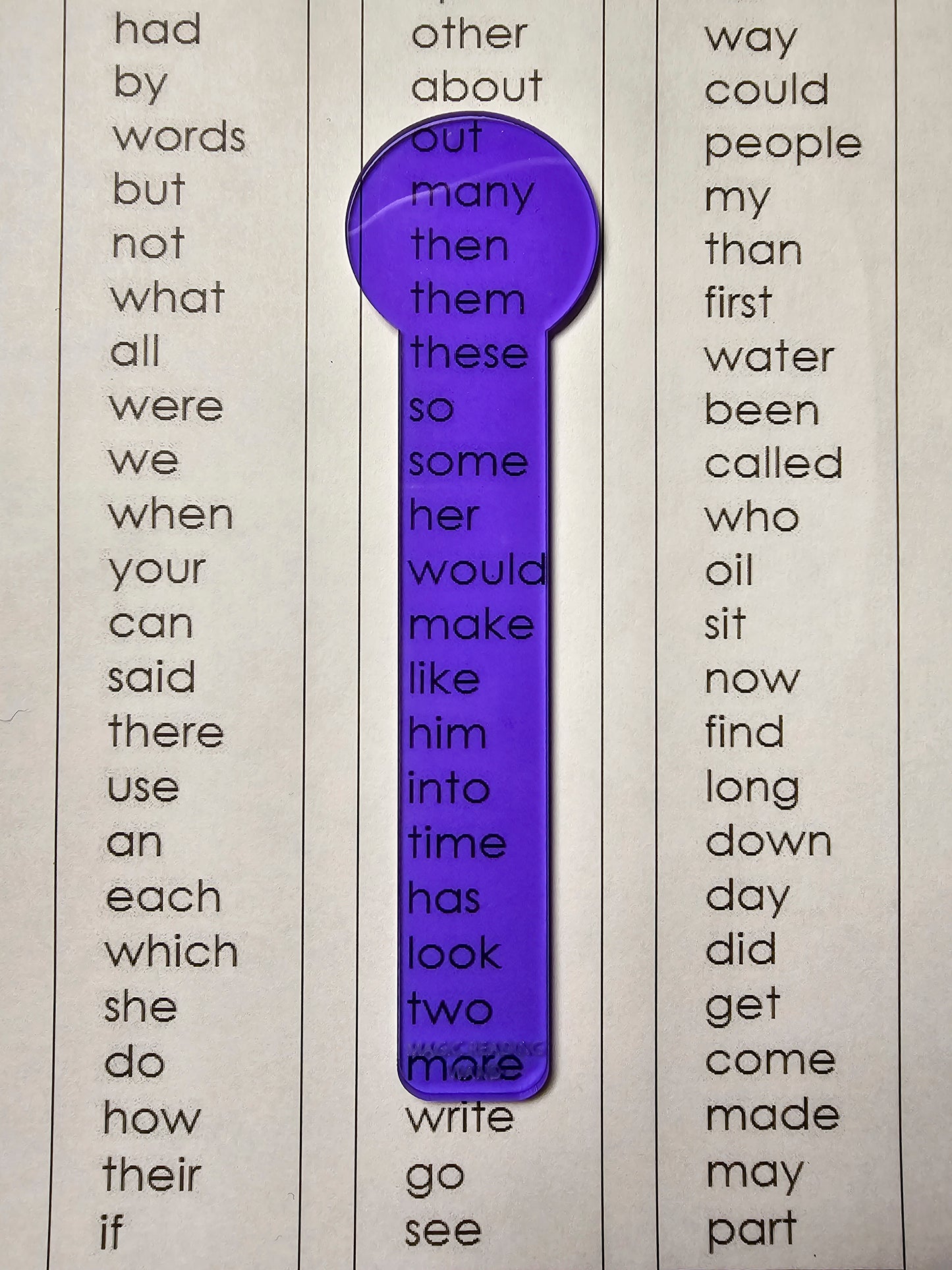 Reading Overlay - Dark Purple Clear Reader over sightwords