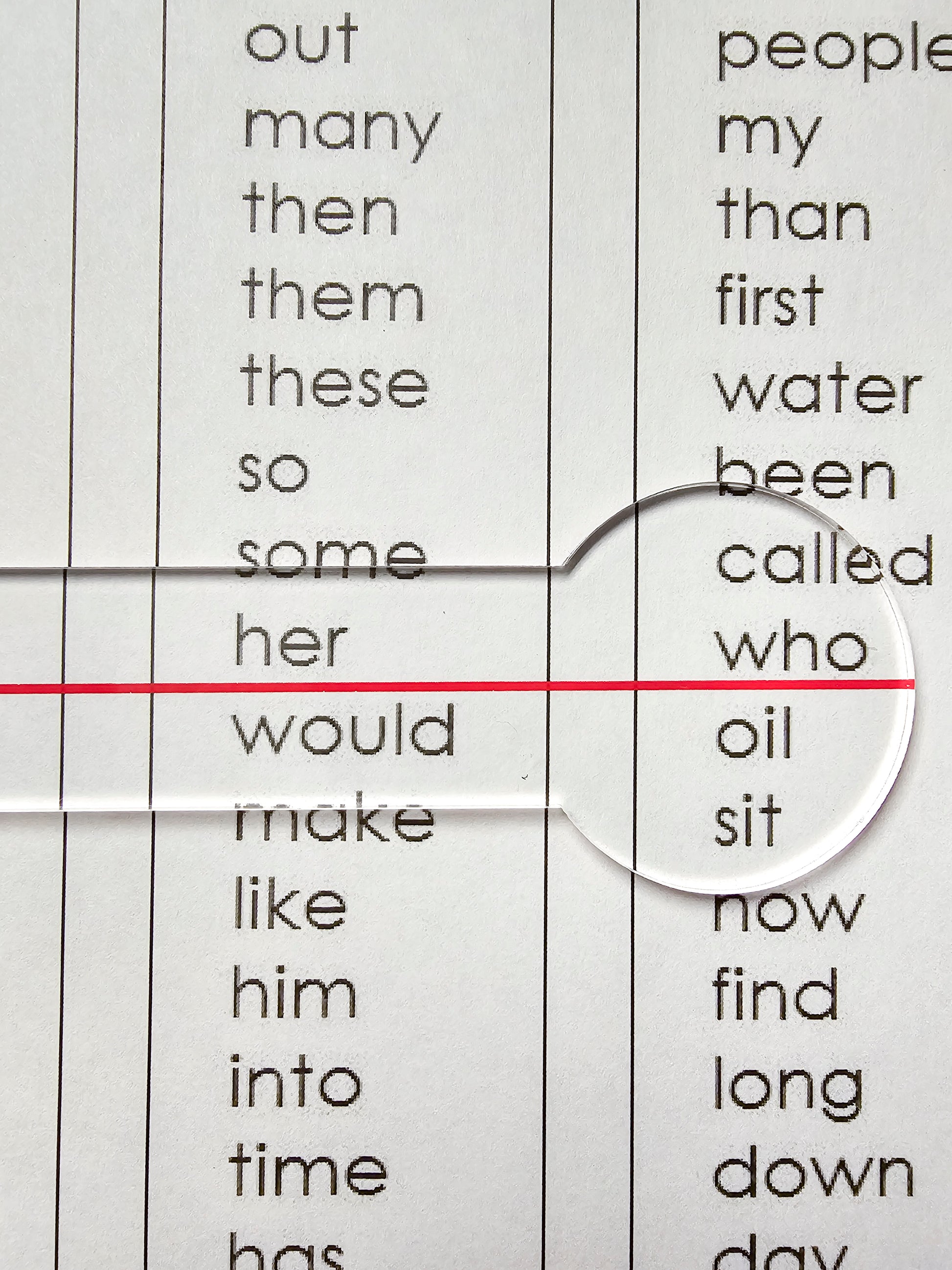 Reading Overlay - Clear Underliner highlighting text on printed paper for improved reading clarity.