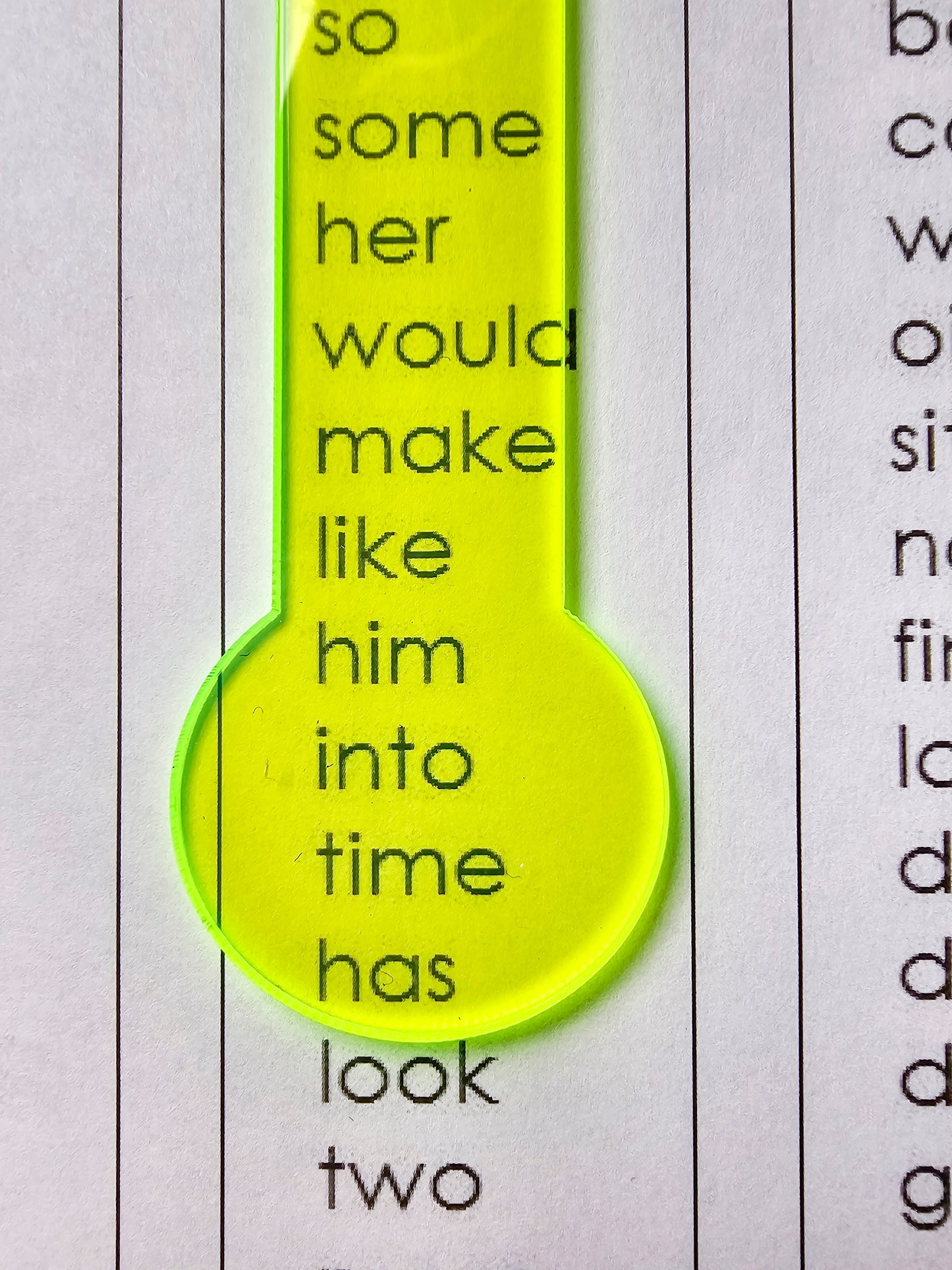 Reading Overlay - Neon Green Clear Reader over sightwords