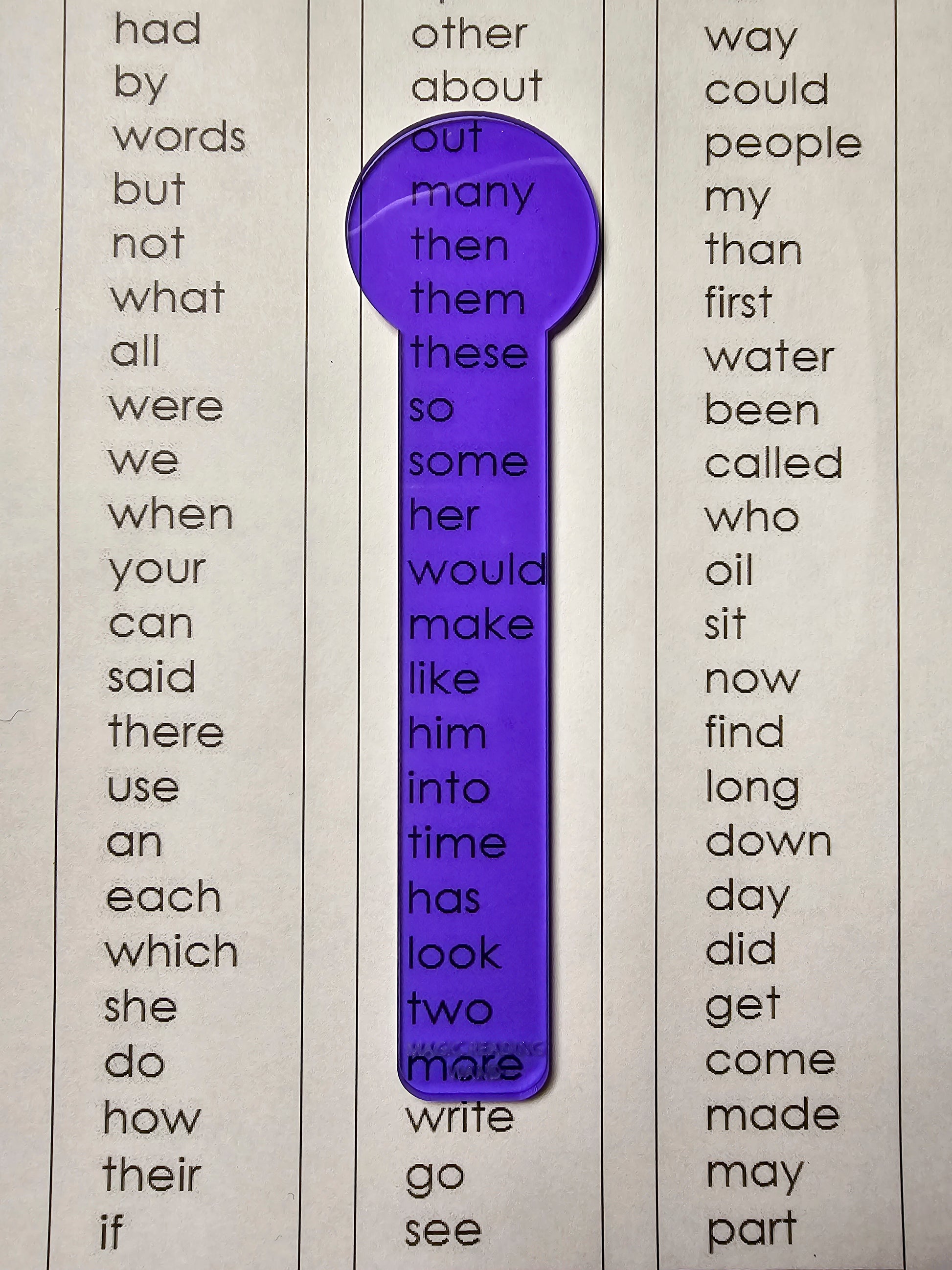 Reading Overlay - Dark Purple Clear Reader over sightwords