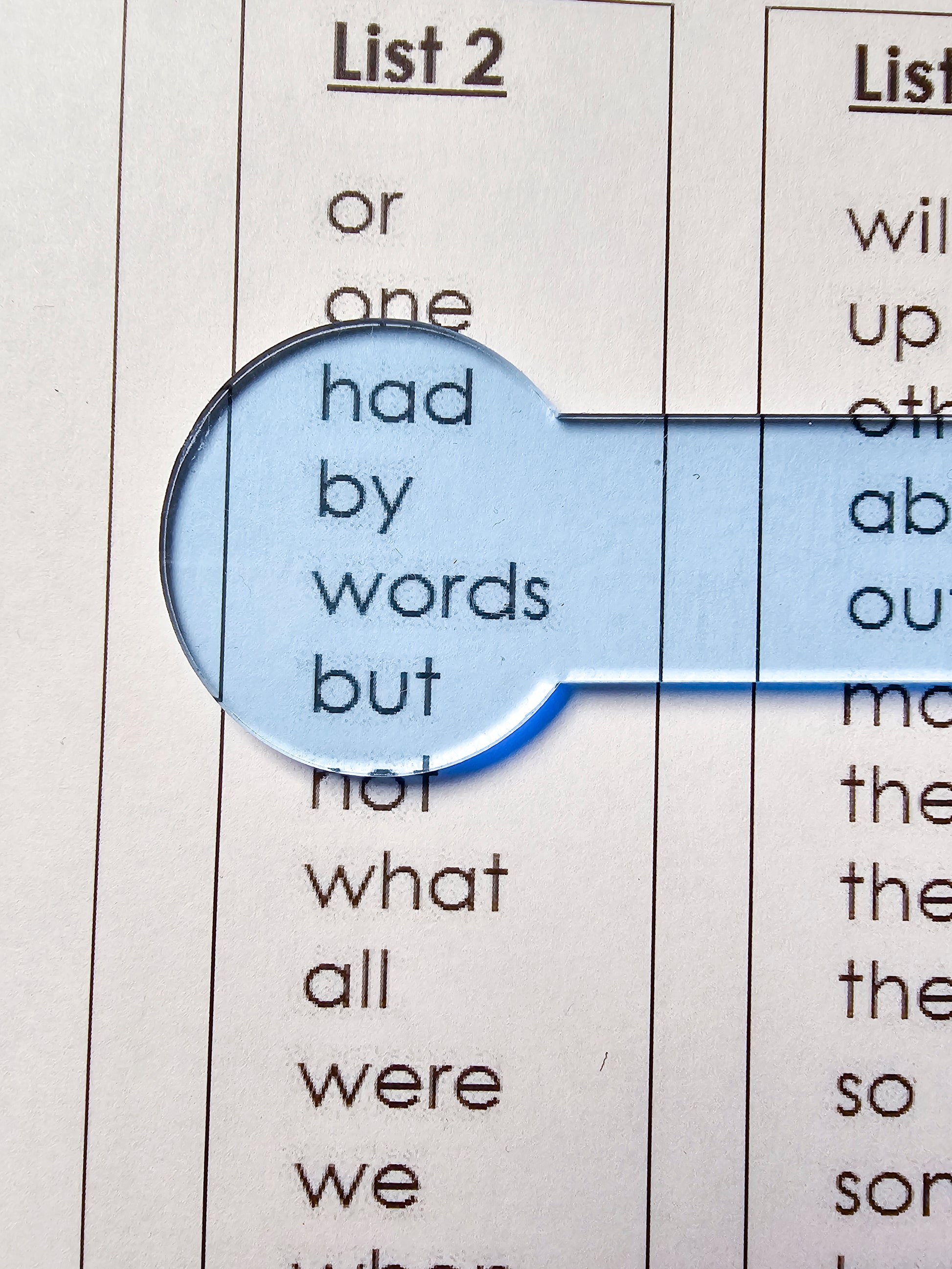 Light Blue reading overlay focusing on words in a reading list, designed to enhance clarity and reduce eye strain.