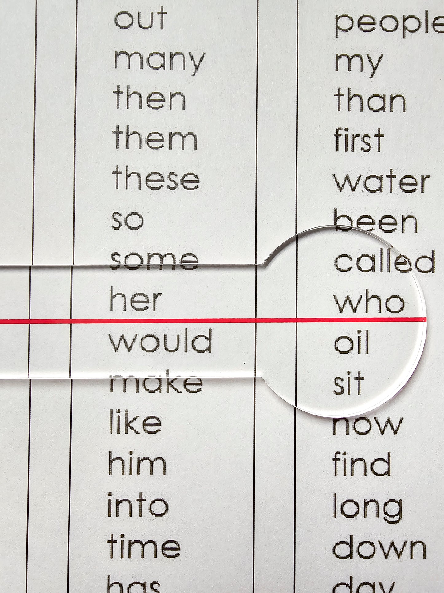 Reading Overlay - Clear Underliner highlighting text on printed paper for improved reading clarity.