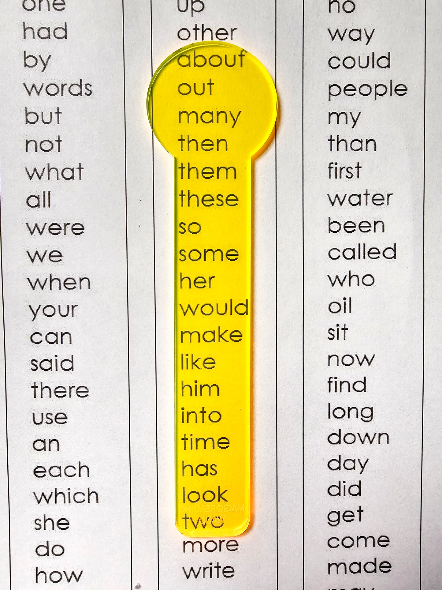Reading Overlay - Yellow Clear Reader over sightwords